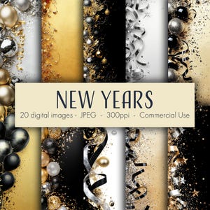 Könnte beinhalten: Ein Set mit 20 digitalen Bildern zum Thema Neujahr. Die Bilder zeigen die Farben Schwarz, Gold und Silber mit Konfetti, Bändern und Ornamenten.