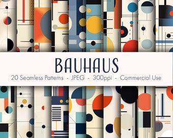 Op de afbeelding: Twintig geometrische patronen in Bauhaus-stijl, met cirkels, vierkanten en lijnen in rood, geel, blauw, zwart en wit. De patronen zijn naadloos en kunnen voor commerciële doeleinden worden gebruikt.