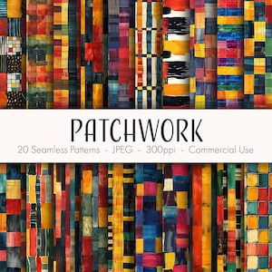 以下が含まれることがあります： 赤、黄、青、緑、黒の色合いで幾何学的な形をした、パッチワークスタイルのシームレスなデジタルパターン20個。パターンは、背景、テキスタイル、その他の創造的なプロジェクトを作成するのに最適です。