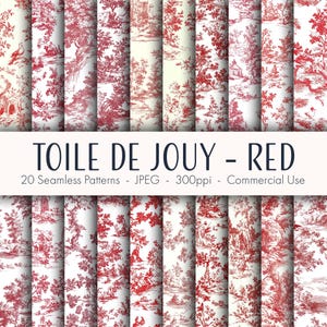 Toile de Jouy Red Seamless Patterns, papier numérique imprimable, usage commercial, format JPEG, téléchargement immédiat