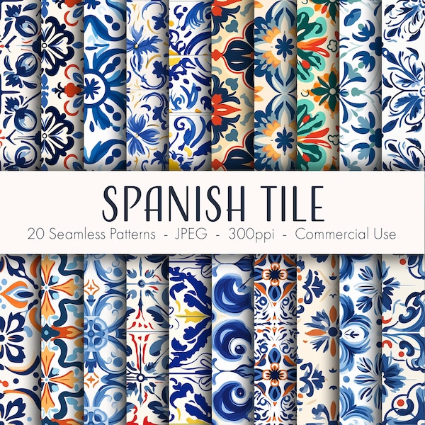 Spanish Tile Seamless Patterns, printable digital paper, instant download, commercial use, JPEG format