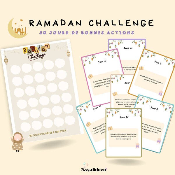 Challenge Ramadan 30 cartes + calendrier en français | Cartes islamiques pour enfant | Activité islamique enfant Ramadan | Cartes à imprimer