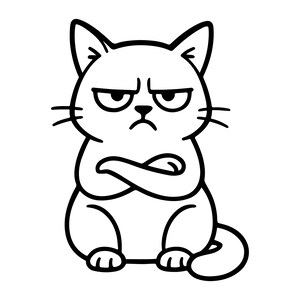 Könnte beinhalten: Schwarz-weiße Cartoon-Illustration einer grimmigen Katze mit verschränkten Armen. Die Katze hat eine gerunzelte Stirn und einen missmutigen Ausdruck. Die Katze sitzt mit eingerolltem Schwanz.
