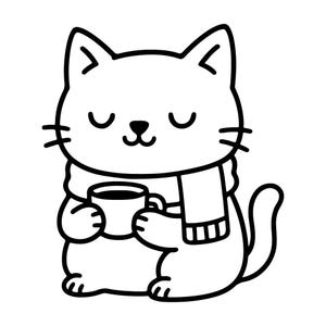 心地よいスカーフを巻いてコーヒーをすするかわいい猫。レーザーカット用のシンプルでミニマリストなデザインファイル