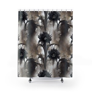 Gothic Witchy Botanical Wilted Black Flowers Shower Curtain, Deadly Beautiful Moody Goth Bathroom Decor, Witchy Botanical Decor.