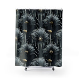 Moody Deadly Beautiful Black Petal Gothic Witchy Botanical Wilted Flowers Shower Curtain, Moody Goth Bathroom Decor, Witchy Botanical Decor.