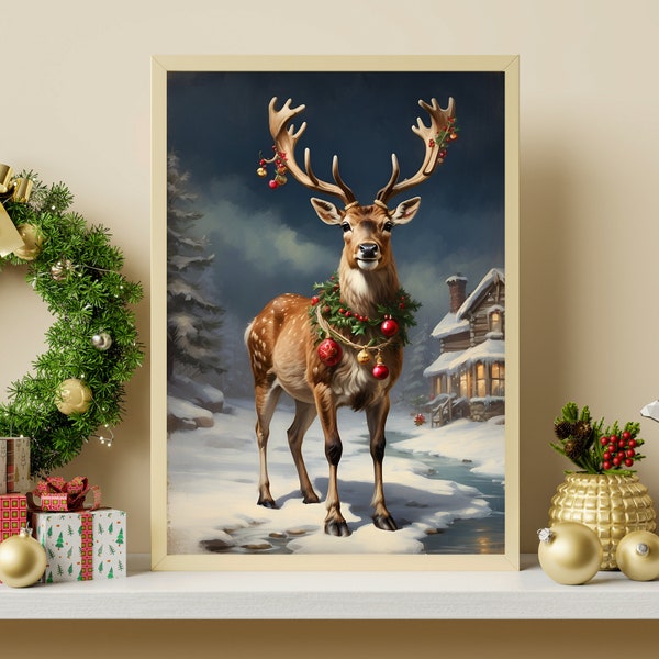 Christmas Wall Art Reindeer Printable, Christmas Painting Cottagecore Decor Academia Christmas Decor Gift Winter Print, Rustic Paint