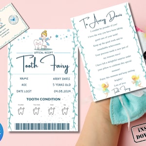 Mini juego de hada de los dientes para imprimir en color rosa con sobre, recibo y carta para el hada. Descarga instantánea y juego de hada de los dientes totalmente editable.