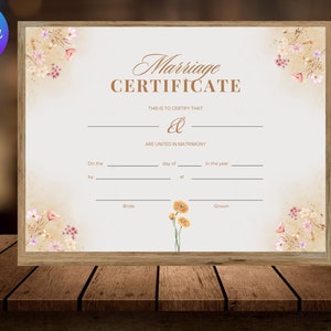 Bearbeitbare Hochzeitszertifikatsvorlage, druckbare Heiratsurkunde, Hochzeitsandenken, bearbeitbare Urkunde, Heiratsurkunde