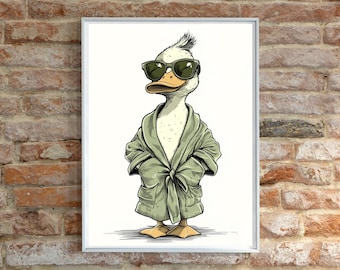 Lámina artística de baño de un pato divertido en bata: Decoración animal peculiar (descarga digital)