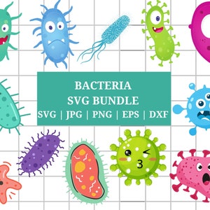 Könnte beinhalten: Eine farbenfrohe Illustration von Cartoon-Bakterien. Das Bild zeigt verschiedene Formen und Farben, darunter Grün, Blau, Lila und Rosa, mit ausdrucksstarken Gesichtern. Der Text lautet "BACTERIA SVG BUNDLE" mit Dateitypoptionen.