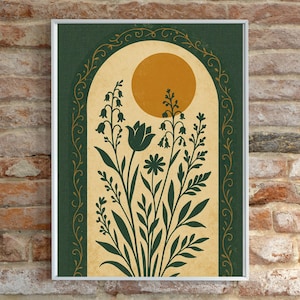 Vintage Botanical Print: Emerald Green & Gold Sun Arch, Boho Wall Art (Digital Download)