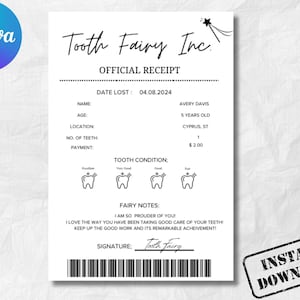 Certificat imprimable de reçu modifiable de fée des dents | Première dent perdue | Lettre réaliste de fée des dents | Lettre de fée des dents pour enfants | Dent perdue