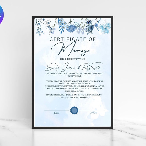 Editable Marriage Certificate Template, Custom Certificate Of Marriage, Printable Wedding Certificate, Canva Wedding Keepsake.