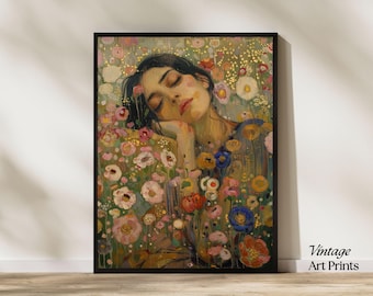 グスタフ・クリムトの花の庭 ピンクと緑の壁アートプリントポスター 額