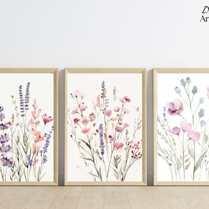 花の水彩画プリントセット – 3 枚セット | 野の花のウォールアート | カラフルな植物のアートワーク | デジタルダウンロード | 印刷可能な花の装飾