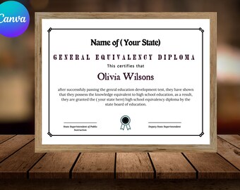 Editable GED Diploma Certificate Template: Canva Design (Instant Download)