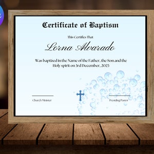 Plantilla de certificado de bautismo editable, certificado de bautismo imprimible, certificados de bautismo personalizados, recuerdo de bautizo de Canva