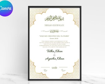 Luksusowy certyfikat Nikkah, Premium A4 Islamska umowa ślubna, Nikkah Nama, Muzułmański certyfikat małżeństwa, Spersonalizowane imiona, Werset Koranu