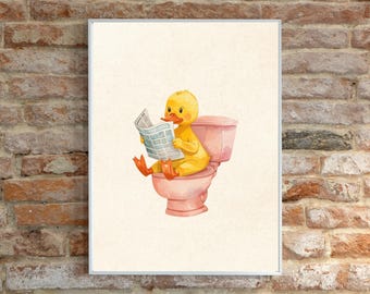 Cute Duck Bathroom Wall Art | Funny Duck on Toilet Reading Newspaper Print | Kids Bathroom Decor | Farm Animal Print |Whimsical Duck Reading