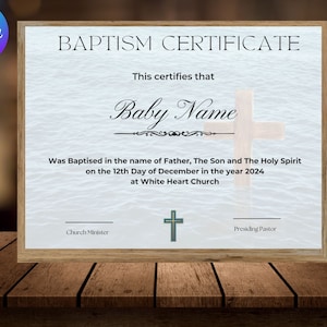 Plantilla de certificado de bautismo editable, certificado de bautismo imprimible, certificados de bautismo personalizados, recuerdo de bautizo de Canva.