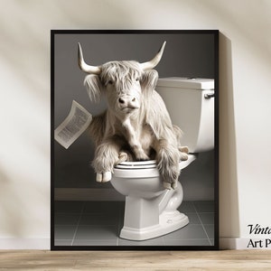 Funny Highland Cow Print – Sitting on the Toilet Reading a Newspaper, Humorous Bathroom Wall Decor, AI Digital Art, Home Printables