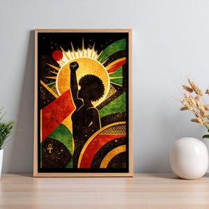 May include: Framed art print featuring a silhouette of a person with a raised fist, set against a vibrant backdrop of red, green, and gold geometric shapes. The artwork includes a sunburst design and an Ankh symbol.