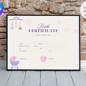 Bewerkbare sjabloon geboorteakte, babycertificaat, babycadeau, babyaandenken, bewerkbare canvassjabloon - digitale download