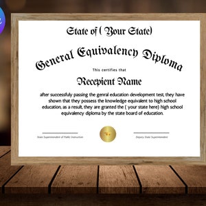 GED-diplomacertificaatsjabloon, bewerkbaar certificaat, canva-sjabloon, diplomacertificaat, schoolgelijkwaardigheidsdiploma, directe download.