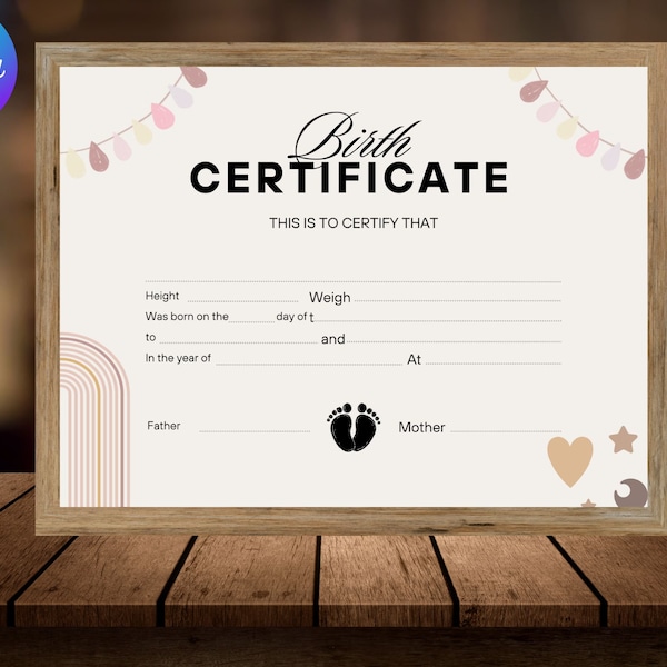 Editable Certificate of Birth Certificate Template, Baby Certificate, Baby Gift, Baby Keepsake, Editable Canva Template - Digital Download