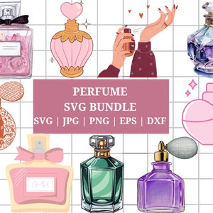 May include: A collection of perfume bottle designs in various shapes and colors. The image includes a pink heart-shaped bottle, a green geometric bottle, and a purple bottle with a bulb atomizer. Text reads "PERFUME SVG BUNDLE".