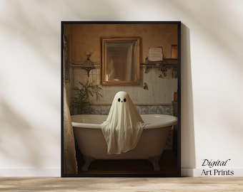 Ghost in Bathtub Print | Halloween PRINTABLE Wall Art | Halloween Bathroom Decor | Spooky Bubblebath Art | Digital Download