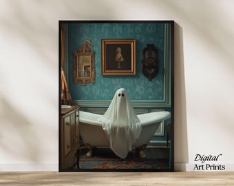 Ghost in Bathtub Print | Halloween PRINTABLE Wall Art | Halloween Bathroom Decor | Spooky Bubblebath Art | Digital Download