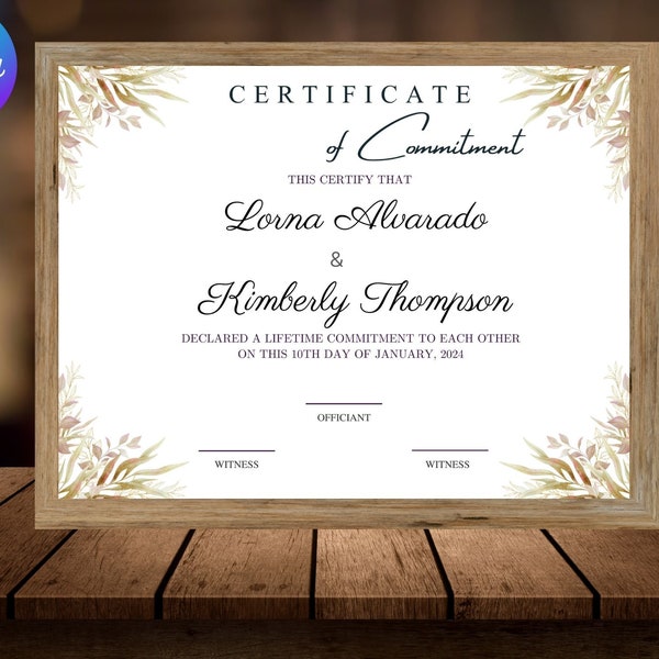 Commitment Certificate Template, Printable Certificate Of Commitment, Editable Commitment Ceremony Certificate, Canva Template.