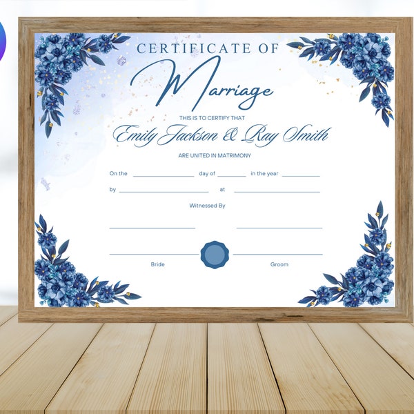 Editable Marriage Certificate Template, Custom Certificate Of Marriage, Printable Wedding Certificate, Canva Wedding Keepsake. TDS-10