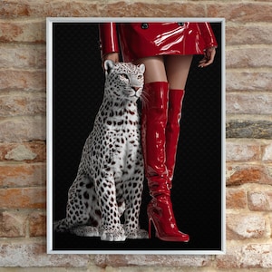 Leopard Fashion Print: Red Patent Leather Boots, Glam Jungle Decor (Digital Download