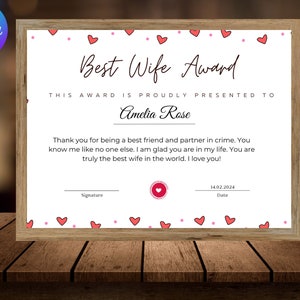 Modelo de certificado de melhor esposa, presente de melhor esposa editável para impressão, prêmio de melhor esposa do mundo, presente de aniversário elegante para cônjuge, download