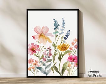 Watercolor Wildflower Print, Colorful Floral Field Wall Art, Printable Botanical Artwork, Digital Download