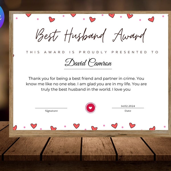 Editable World's Best Husband Certificate, Appreciation Award Template, Valentines Day Anniversary Gift Birthday Present, Greatest Husband