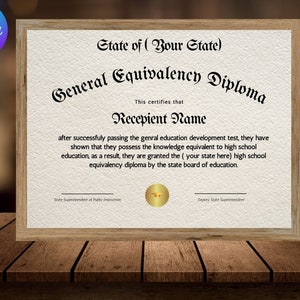 GED-diplomacertificaatsjabloon, bewerkbaar certificaat, canva-sjabloon, diplomacertificaat, schoolgelijkwaardigheidsdiploma, direct downloaden