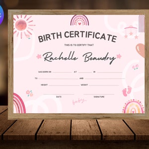 Bewerkbare sjabloon geboorteakte, babycertificaat, babycadeau, babyaandenken, bewerkbare canvassjabloon - digitale download