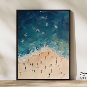 海で泳ぐ小さな子供たちのプリント、夏のビーチのポスター、海岸の壁アート、ミニマリストの印刷可能な装飾