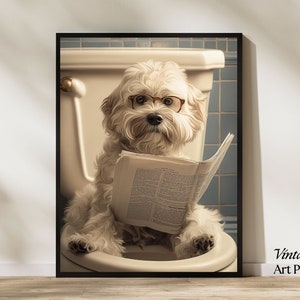Funny Maltese Dog Bathroom Print: Newspaper Toilet Art (Digital Download)