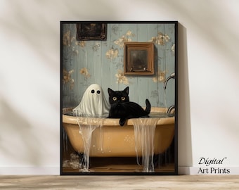 Ghost & Cat in Bathtub Print | Halloween PRINTABLE Wall Art | Halloween Bathroom Decor | Spooky Bubblebath Art | Digital Download