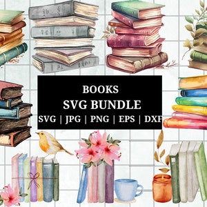 May include: Watercolor illustrations of stacked books in various colors, including green, brown, and pink. Some stacks have decorative elements like leaves and flowers. The image includes the text "BOOKS SVG BUNDLE" with file type options.