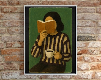 Emerald Green modern Reading Woman Wall Art | Minimalist Coffee and Book Poster | Cozy Modern Home Decor | Abstract Reader Print | Unframed