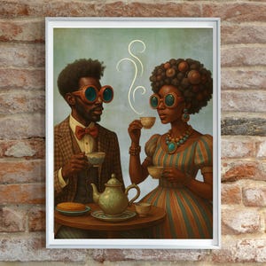 Afro Steampunk Couple Art Print: Black Love Retro Decor (Digital Download