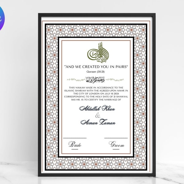 Gold Nikkah Contract Gold Islamic Marriage Contract Nikkah Certificate Digital Marriage Certificate Gold Nikahnama Nikah Nama Muslim Wedding