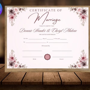 Bearbeitbare Heiratsurkunde Vorlage, Benutzerdefinierte Heiratsurkunde, druckbare Hochzeitsurkunde, Canva Hochzeitsandenken