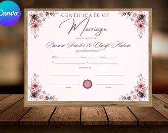Modèle de certificat de mariage modifiable, certificat de mariage personnalisé, certificat de mariage imprimable, souvenir de mariage Canva